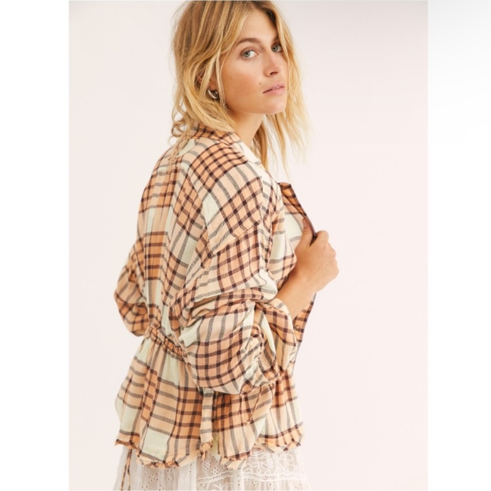 NWT Small Free People Peach Plaid Button up Shirt!